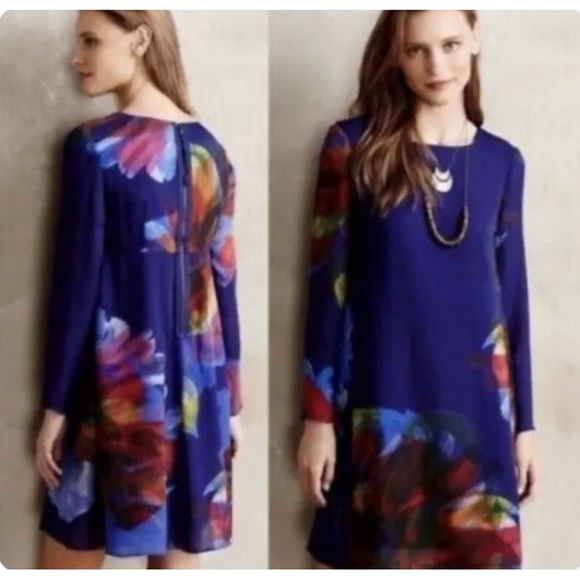 ANTHROPOLOGIE LEIFSDOTTIR FANNED FLORAL WATERCOLOR DRESS SIZE SMALL - Picture 1 of 13